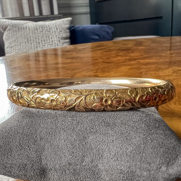 Antique Floral Patterned Gold Bangle Bracelet, from Doyle & Doyle antique and vintage jewelry boutique