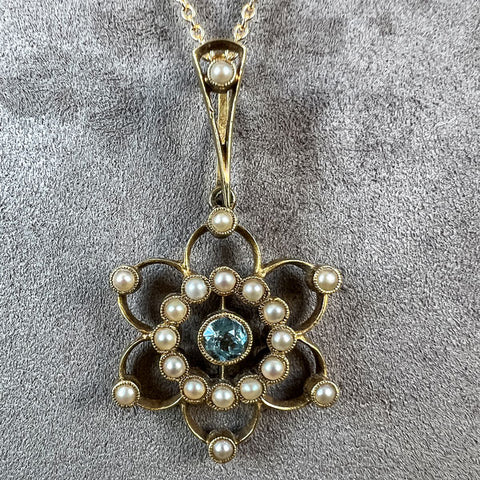 Antique Aquamarine & Pearl Lavalier Pendant sold by Doyle and Doyle an antique and vintage jewelry boutique