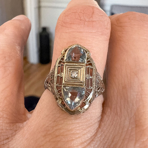 Vintage Filigree Diamond & Aquamarine Ring sold by Doyle and Doyle an antique and vintage jewelry boutique