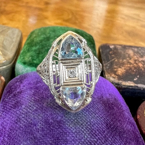 Vintage Filigree Aquamarine and Diamond Ring sold by Doyle and Doyle an antique and vintage jewelry boutique