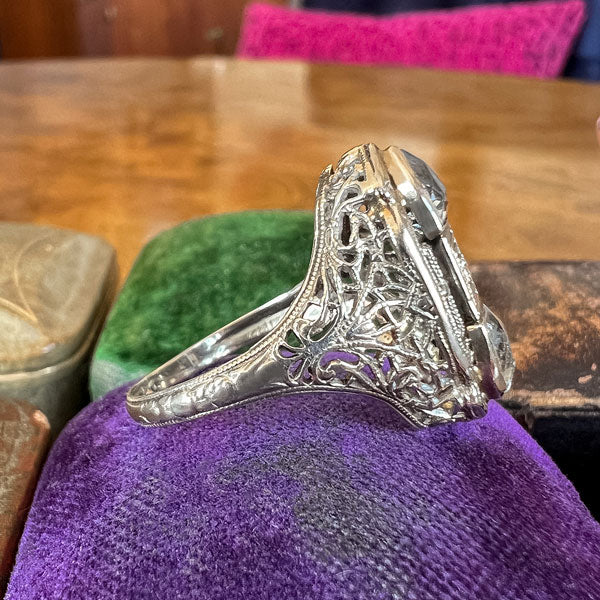 Vintage Filigree Diamond & Aquamarine Ring sold by Doyle and Doyle an antique and vintage jewelry boutique