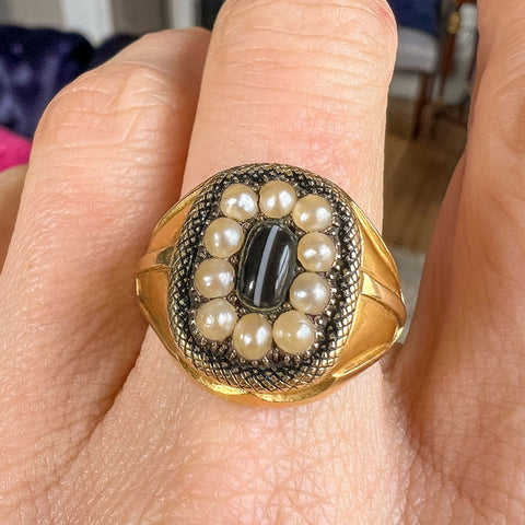 Antique Georgian Agate & Pearl Poison/Locket Ring, from Doyle & Doyle antique and vintage jewelry boutique