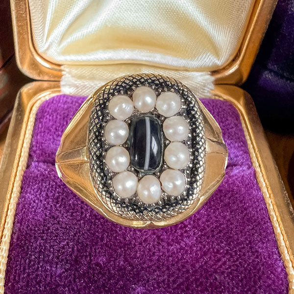 Antique Georgian Agate & Pearl Poison/Locket Ring, from Doyle & Doyle antique and vintage jewelry boutique