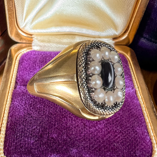 Antique Georgian Agate & Pearl Poison/Locket Ring, from Doyle & Doyle antique and vintage jewelry boutique