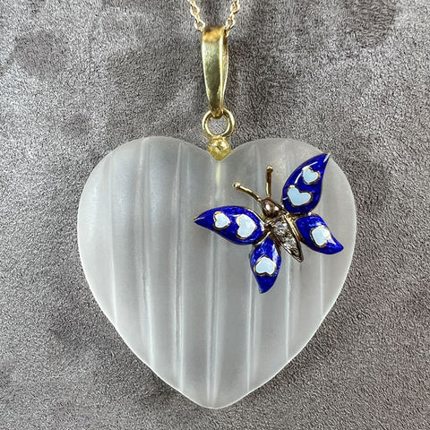 Vintage Rock Crystal Heart and Enamel Diamond Butterfly Pendant Necklace, sold by Doyle & Doyle antique and vintage jewelry boutique