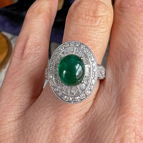 Estate Cabochon Emerald & Diamond Cluster Ring sold by Doyle and Doyle an antique and vintage jewelry boutique