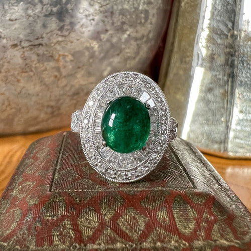 Estate Cabochon Emerald & Diamond Cluster Ring sold by Doyle and Doyle an antique and vintage jewelry boutique