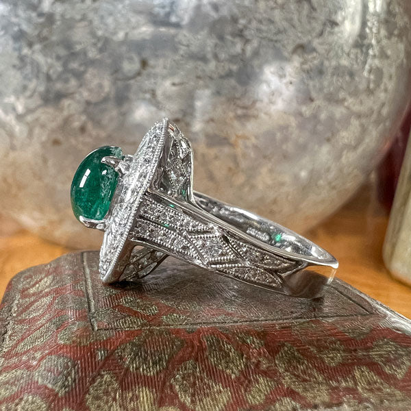 Estate Cabochon Emerald & Diamond Cluster Ring sold by Doyle and Doyle an antique and vintage jewelry boutique