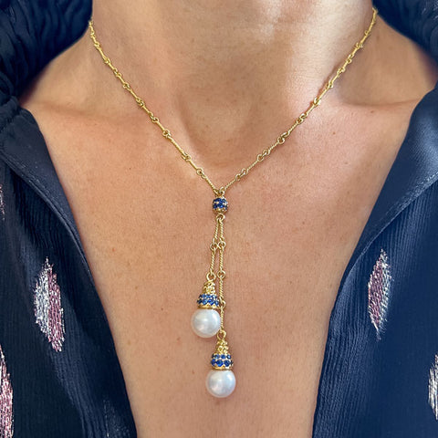 Vintage Pearl & Sapphire Drop Necklace, sold by Doyle & Doyle antique and vintage jewelry boutique