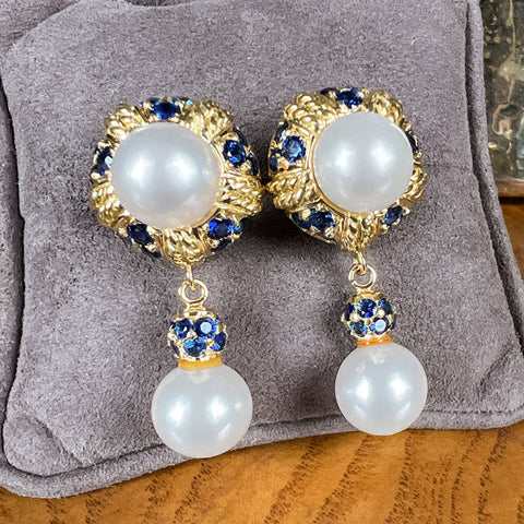 Vintage Pearl & Sapphire Earrings sold by Doyle and Doyle an antique and vintage jewelry boutique