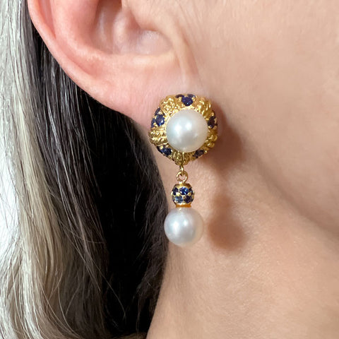 Vintage Pearl & Sapphire Gold Earrings, sold by Doyle & Doyle antique and vintage jewelry boutique