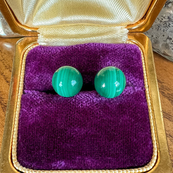 Vintage Green Malachite Stud Earrings, from Doyle & Doyle antique and vintage jewelry boutique