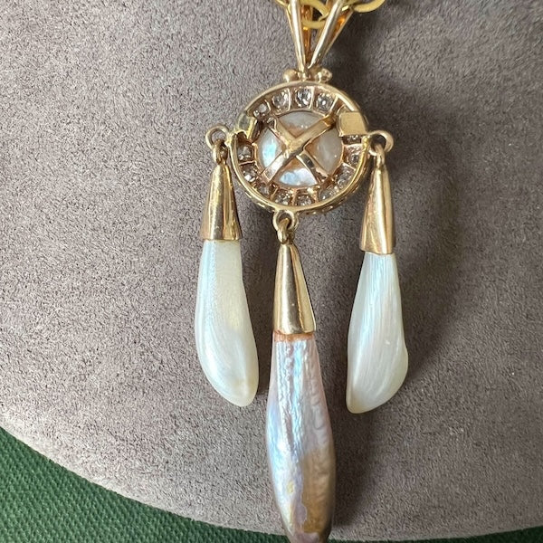 Edwardian Pearl & Diamond Pendant sold by Doyle and Doyle an antique and vintage jewelry boutique