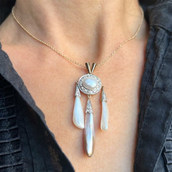 Edwardian Pearl & Diamond Pendant sold by Doyle and Doyle an antique and vintage jewelry boutique
