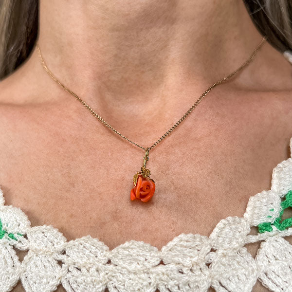 Vintage Carved Coral Flower Pendant sold by Doyle and Doyle an antique and vintage jewelry boutique