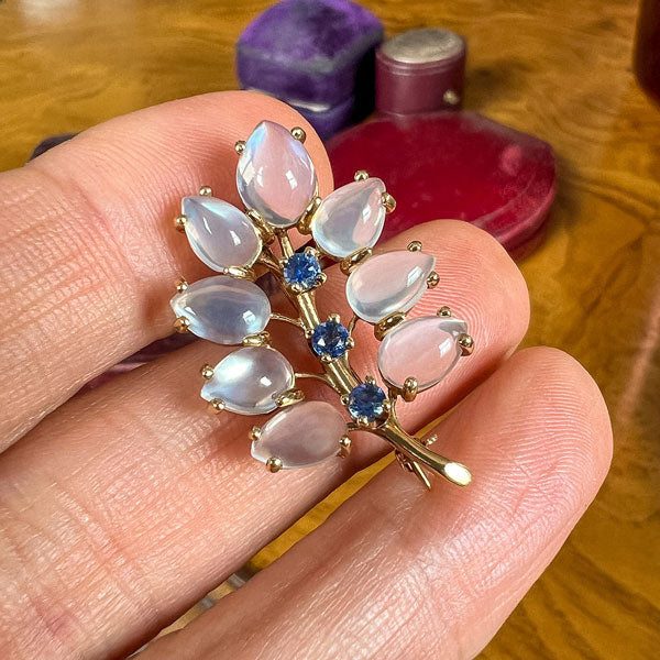 Retro Moonstone & Sapphire Leaf Pin, from Doyle & Doyle antique and vintage jewelry boutique