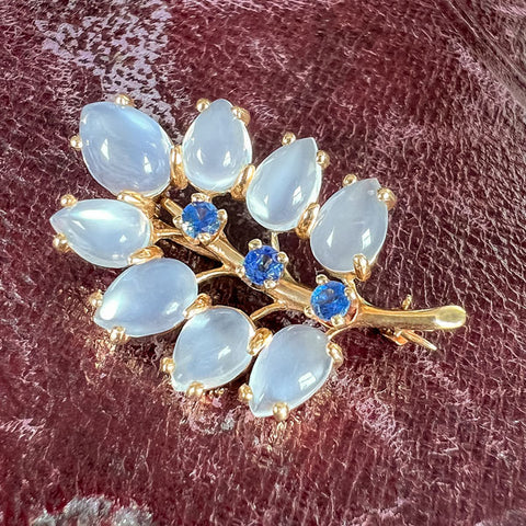 Retro Moonstone & Sapphire Leaf Pin, from Doyle & Doyle antique and vintage jewelry boutique