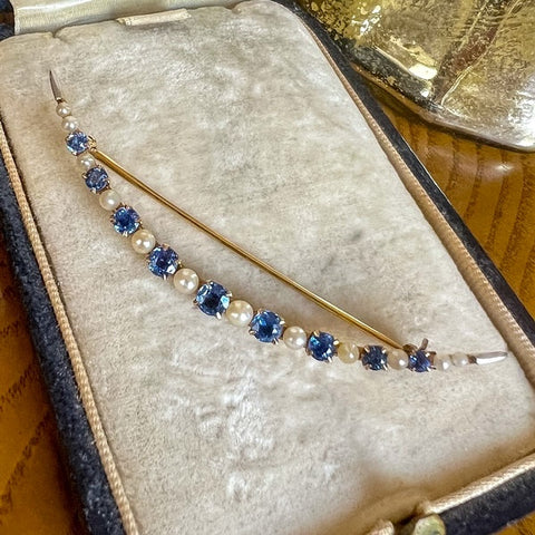 Antique Edwardian Sapphire & Pearl Crescent Pin