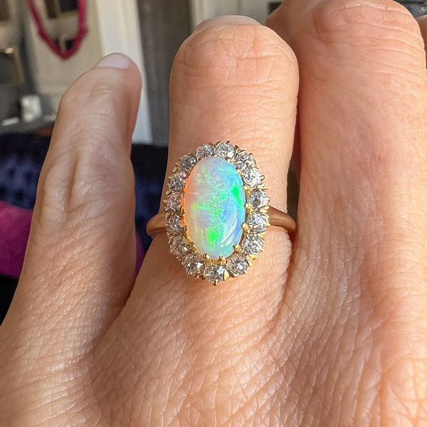 Victorian Oval Opal & Diamond Cluster Ring, from Doyle & Doyle antique and vintage jewelry boutique