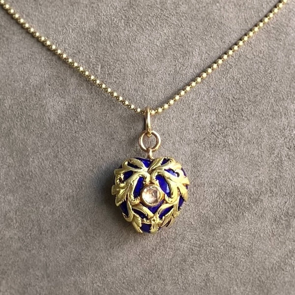 Victorian Blue Enamel and Rose Cut Diamond Heart Gold Locket, from Doyle & Doyle antique and vintage jewelry boutique