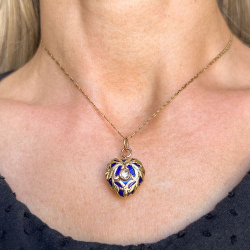 Victorian Blue Enamel and Rose Cut Diamond Heart Locket, from Doyle & Doyle antique and vintage jewelry boutique