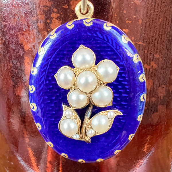 Victorian Pearl Pansy Enamel Locket sold by Doyle and Doyle an antique and vintage jewelry boutique