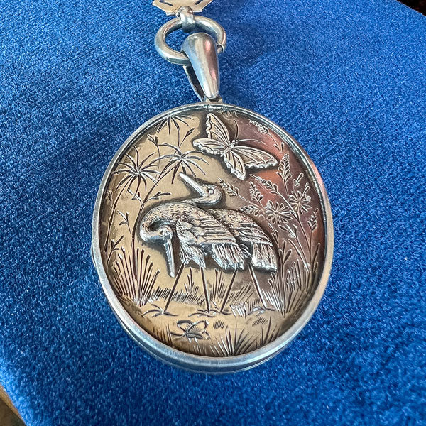 Victorian Silver Crane Locket & Collar sold by Doyle and Doyle an antique and vintage jewelry boutique