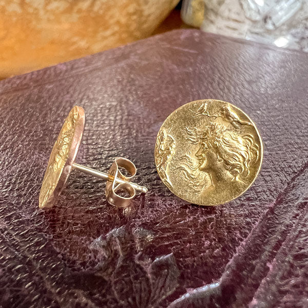 Art Nouveau Lady & Bird Gold Stud Earrings, from Doyle & Doyle antique and vintage jewelry boutique