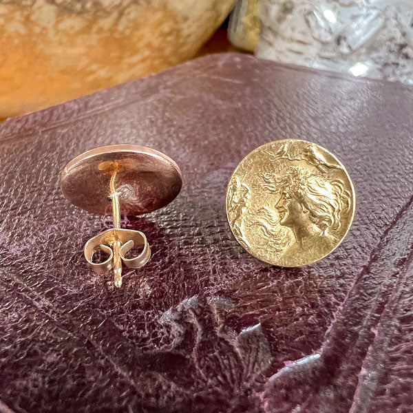 Art Nouveau Lady & Bird Gold Stud Earrings, from Doyle & Doyle antique and vintage jewelry boutique