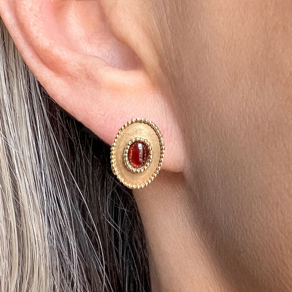 Vintage Garnet Cabochon Gold Earrings, from Doyle & Doyle antique and vintage jewelry boutique
