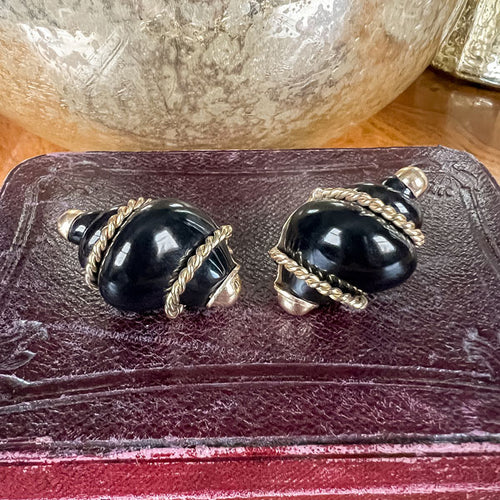 Vintage Seaman Schepps Onyx Shell Earrings sold by Doyle and Doyle an antique and vintage jewelry boutique