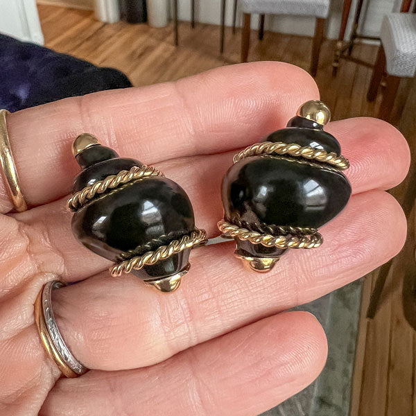 Vintage Seaman Schepps Onyx Shell Earrings sold by Doyle and Doyle an antique and vintage jewelry boutique