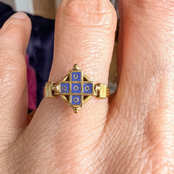 Antique Etruscan Revival Blue Enamel Ring, from Doyle & Doyle antique and vintage jewelry boutique