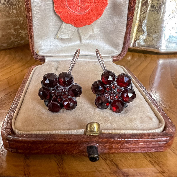 Victorian Bohemian Garnet Flower Earrings, from Doyle & Doyle antique and vintage jewelry boutique 