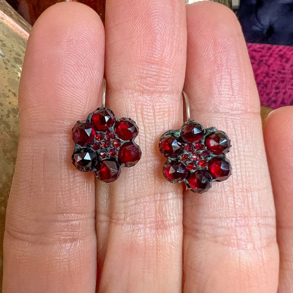 Victorian Bohemian Garnet Flower Earrings, from Doyle & Doyle antique and vintage jewelry boutique