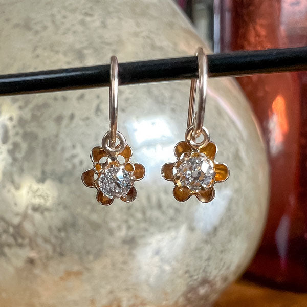 Victorian Diamond Drop Earrings set with Old European cut diamonds in buttercup settings, from Doyle & Doyle antique and vintage jewelry boutique