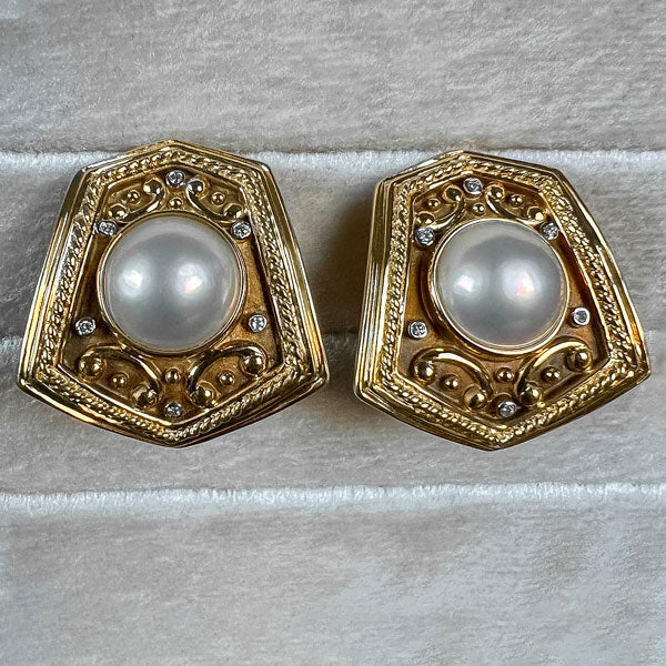 Vintage Mabe Pearl & Diamond Earrings sold by Doyle and Doyle an antique and vintage jewelry boutique