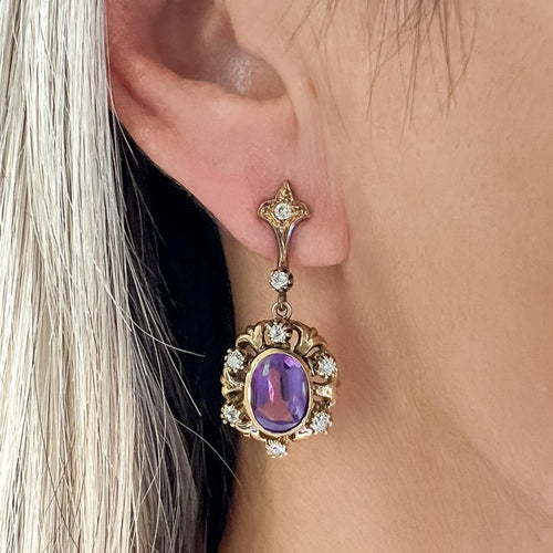 Vintage Amethyst & Diamond Drop Earrings sold by Doyle and Doyle an antique and vintage jewelry boutique