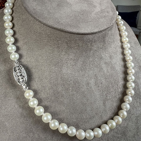 Vintage Pearl Single Strand Necklace with Diamond Clasp, from Doyle & Doyle antique and vintage jewelry boutique