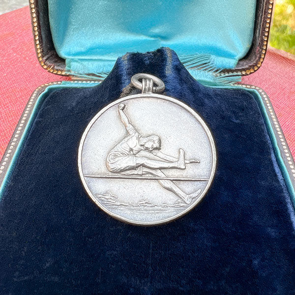 Vintage Art Deco Silver Track & Field High Jump Medal, 1929 sold by Doyle and Doyle an antique and vintage jewelry boutique