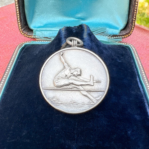 Vintage Art Deco Silver Track & Field High Jump Medal, 1929 sold by Doyle and Doyle an antique and vintage jewelry boutique