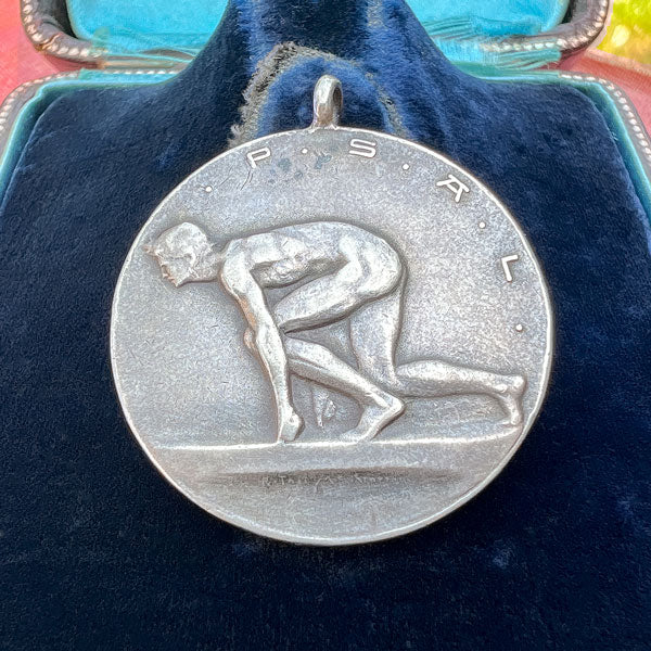 Antique Edwardian Silver PSAL Track Medal, 1907 sold by Doyle and Doyle an antique and vintage jewelry boutique