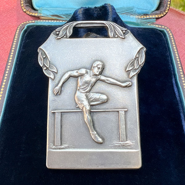Antique Art Deco Silver Track Hurdle Medal, 1924 sold by Doyle and Doyle an antique and vintage jewelry boutique