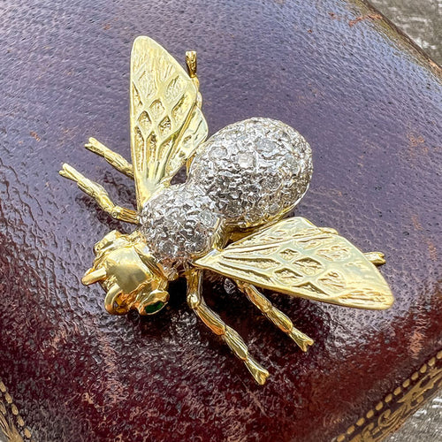 Vintage Diamond & Emerald Eye Bee Pin, from Doyle & Doyle antique and vintage jewelry boutique
