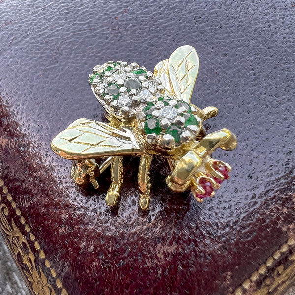 Vintage Diamond & Emerald Bee Pin/ Pendant sold by Doyle and Doyle an antique and vintage jewelry boutique