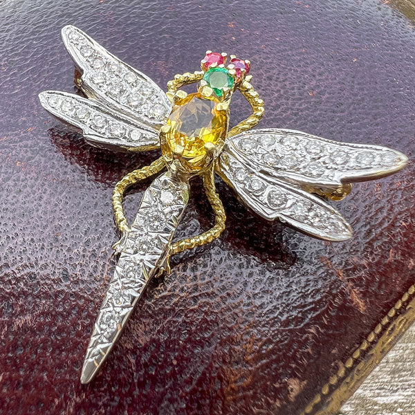 Vintage Diamond, Yellow Sapphire Emerald & Ruby Dragonfly Pin/ Pendant sold by Doyle and Doyle an antique and vintage jewelry boutique