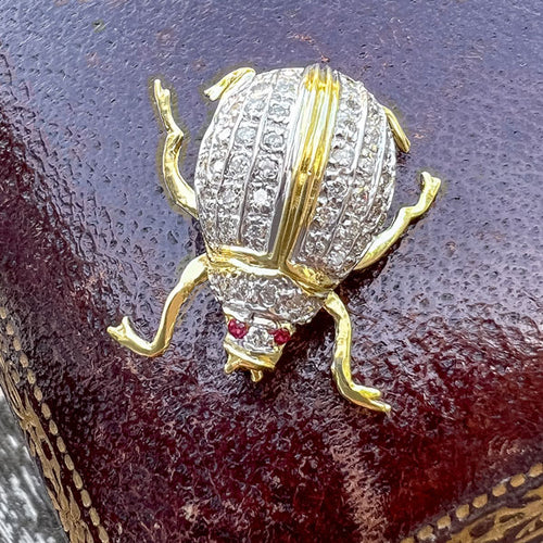 Vintage Diamond & Ruby Eye Beetle Pin, from Doyle & Doyle antique and vintage jewelry boutique