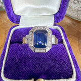 Vintage Sapphire &amp; Diamond Ring, Emerald cut 1.90ct. sold by Doyle and Doyle an antique and vintage jewelry boutique