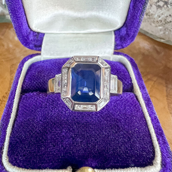 Vintage Sapphire & Diamond Ring, Emerald cut 1.90ct. sold by Doyle and Doyle an antique and vintage jewelry boutique