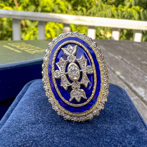 Vintage Diamond & Blue Enamel Ring sold by Doyle and Doyle an antique and vintage jewelry boutique